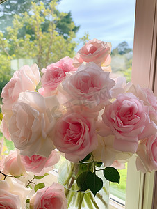 窗台图片摄影照片_梦幻玫瑰粉红色窗台高清图片