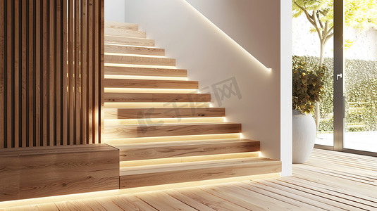现代原木质感楼梯摄影配图