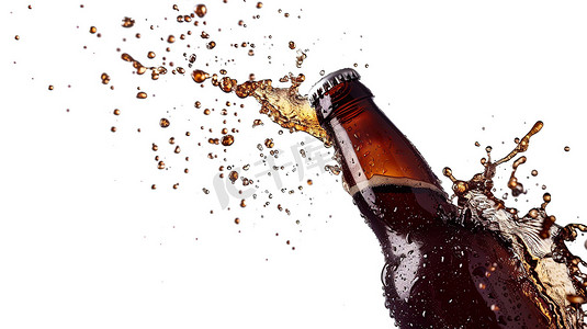 啤酒饮料从瓶子里飞溅摄影配图
