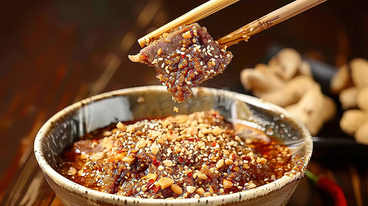筷子夹着一块肉烧烤蘸酱高清摄影图