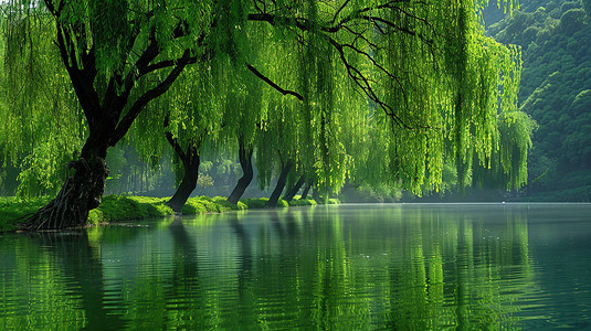 春天湖边柳树繁茂高清图片