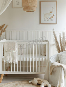 婴儿卧室与木制婴儿床摄影照片