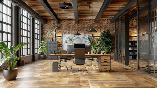 工业风格摄影照片_现代化办公室内部地板工业风格摄影配图