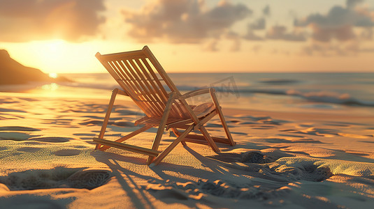沙滩躺椅大海日落摄影配图