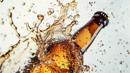 清凉啤酒摄影照片_啤酒饮料从瓶子里飞溅照片