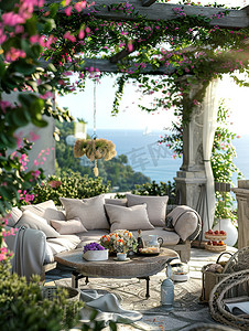 露台阳光沙发花朵绿色植物高清图片