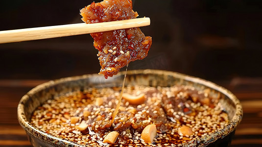 筷子夹着一块肉烧烤蘸酱高清图片