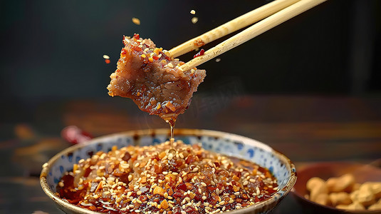 筷子夹摄影照片_筷子夹着一块肉烧烤蘸酱摄影配图