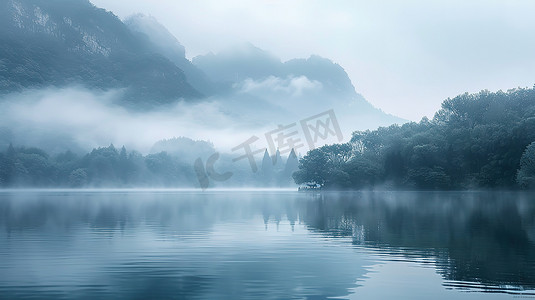 水墨元宵节海报摄影照片_高山雾湖清晨的湖泊高清图片