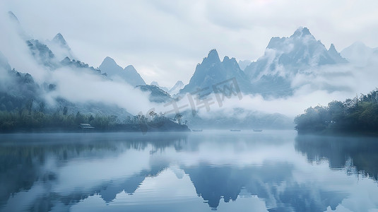 水墨高山摄影照片_高山雾湖清晨的湖泊高清图片