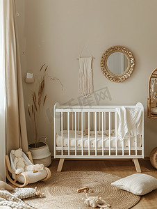 婴儿卧室与木制婴儿床高清摄影图