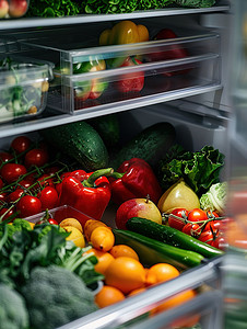 双开门冰箱摄影照片_冰箱存放的水果蔬菜摄影图