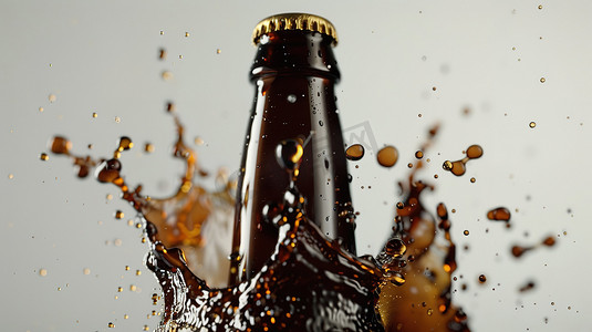 啤酒饮料从瓶子里飞溅高清摄影图