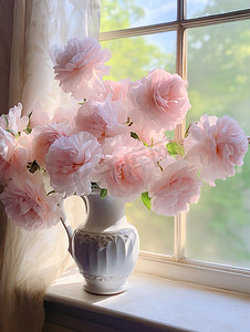 梦幻玫瑰粉红色窗台摄影照片
