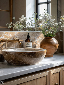大理石洗手盆的家居装饰高清图片