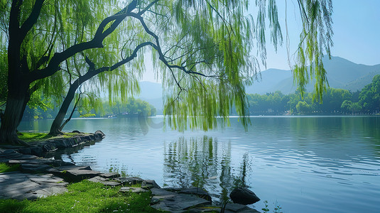 春天湖边柳树繁茂摄影图