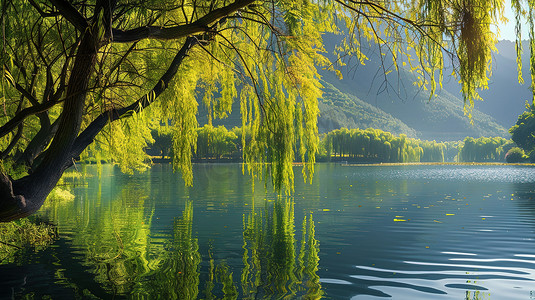 春天湖边柳树繁茂高清摄影图