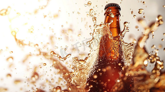 啤酒饮料从瓶子里飞溅高清图片