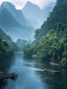 竹筏飘流河水茂密的森林摄影照片