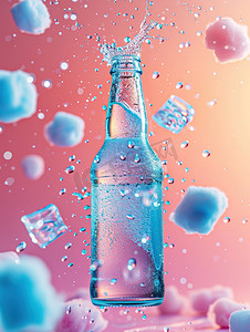 玻璃啤酒瓶清凉冰块高清摄影图