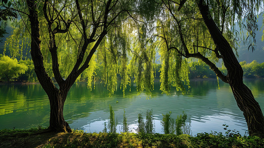 春天湖边柳树繁茂图片