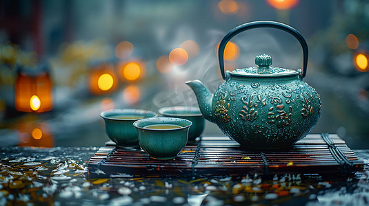 喝茶听雨茶文化立体描绘摄影照片