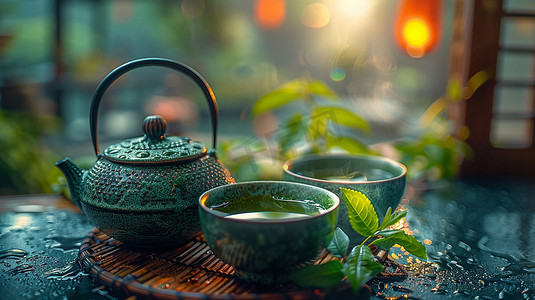 茶文化喝茶听雨立体描绘摄影照片