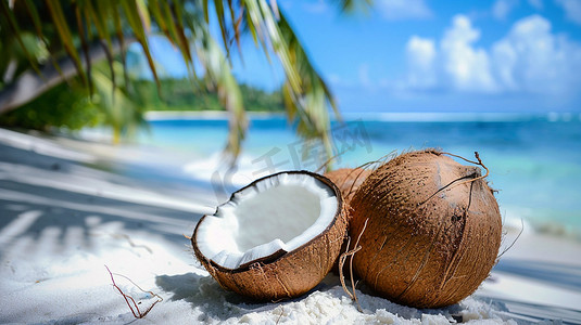 夏天沙滩海报摄影照片_沙滩椰子立体描绘摄影照片