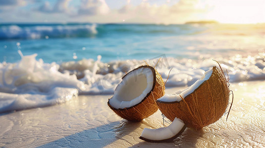 夏天沙滩海报摄影照片_沙滩椰子立体描绘摄影照片