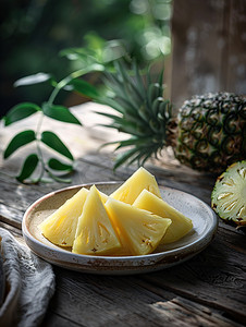 一盘切块的菠萝水果摄影配图