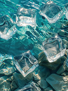 冰粒摄影照片_清澈融化的冰块夏天图片