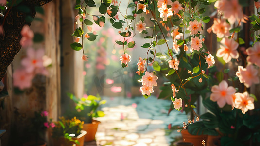 盆栽夏季摄影照片_古城旧巷开满粉色鲜花图片
