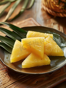 凤梨汁汁摄影照片_一盘切块的菠萝水果摄影图