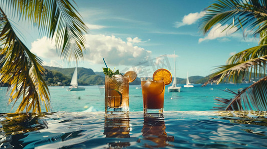 夏季柠檬果汁摄影照片_海边饮料立体描绘摄影照片