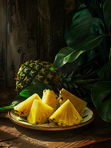 一盘切块的菠萝水果图片