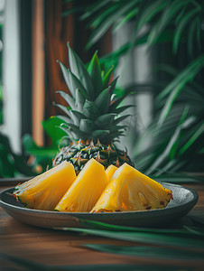 凤梨汁汁摄影照片_一盘切块的菠萝水果摄影照片