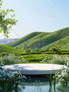 五月的鲜花背景图片_鲜花草地蓝天电商展台素材