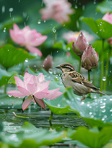 雨后荷花摄影照片_雨后莲蓬麻雀白天麻雀荷塘动物摄影图