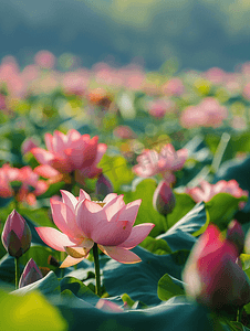 彩色夏季荷花池塘风景