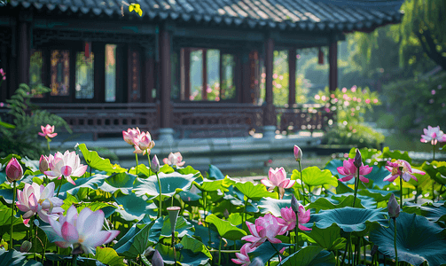 红色花朵摄影照片_杭州西湖夏天荷花曲院风荷摄影图摄影图