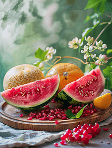 夏季水果创意摄影照片_静物水果西瓜莲子大暑摄影图