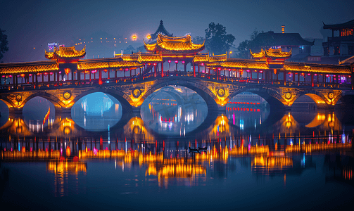 荷花灯莲花灯摄影照片_五庭桥，又称莲花桥，是中国扬州瘦西湖的一座著名古建筑.