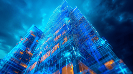 现代建筑高楼背景图片_蓝色灯光夜晚仰视城市高楼大厦的背景