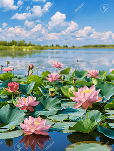 夏日湖畔荷花盛开绿意盎然摄影图