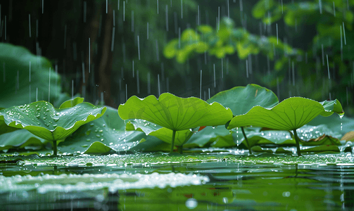 雨季荷叶上午荷叶湖水雨季摄影图