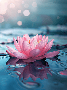 池塘里一朵粉红色大荷花摄影图