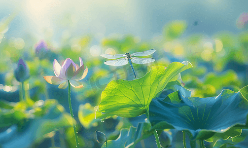 长沙望城荷塘早晨蜻蜓荷叶自然摄影图