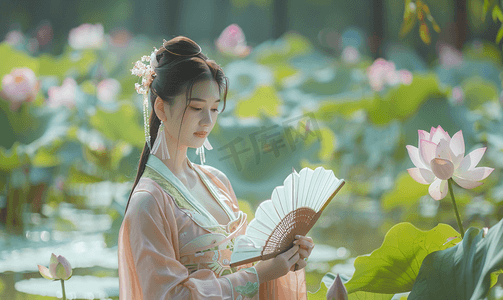 夏天扇子摄影照片_古风汉服女性荷塘拿扇子摄影图