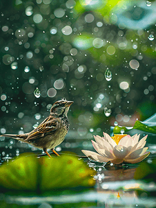 立夏摄影照片_雨后莲蓬麻雀白天麻雀荷塘动物摄影图