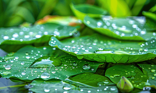 雨点摄影照片_雨季荷叶上午荷叶湖水雨季摄影图